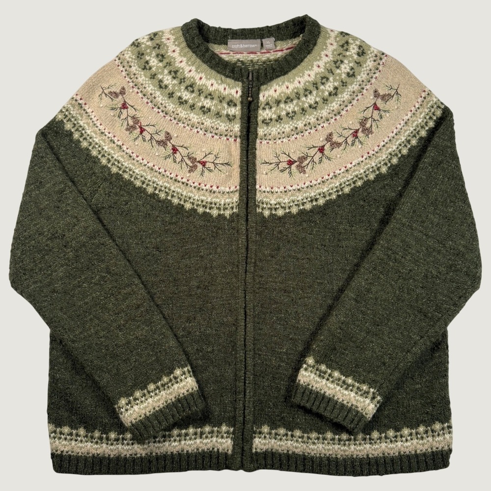 Croft & Barrow Silk Wool Blend Fair Isle Zip Cardigan Sweater Green XL Pinecone